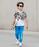 OLLINGTON ST. 100% Cotton Knit Half Sleeves Printed T-Shirt & Jogger Set - White & Blue