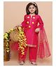 MODISH COUTURE Chanderi Woven Three Fourth Sleeves Pom Pom & Gotal Lace Embellished Kurti Palazzo With Dupatta Set - Pink