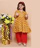MODISH COUTURE Cotton Woven Three Fourth Sleeves Floral Printed & Gota Lace Embellished Kurti Palazzo Set - Musterd & Red