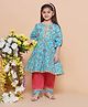 MODISH COUTURE Cotton Woven Three Fourth Puffed Sleeves Floral Printed & Gota Lace Embellished Kurti Palazzo Set - Sky Blue & Peach