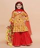 MODISH COUTURE Cotton Woven Three Fourth Sleeves Floral Printed & Gota Lace Embellished Kurti Sharara With Dupatta Set - Mustard & Red