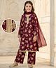 EARTHY TOUCH Single Jersey Knit Full Sleeves Kurti Salwar Set with Dupatta & Floral Foil Print - Maroon