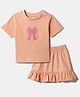 Nautinati Cotton Knit Half Sleeves Bow Embroidered Top & Skirt Set - Peach