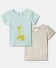 Nautinati Cotton Knit Pack Of 2 Half Sleeves Giraffe & Hearts Printed Tops - Blue & Off White