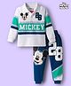 Babyhug Disney Single Jersey Knit Full Sleeves Cut & Sew Polo Neck T-Shirt & Trackpant Set with Mickey Mouse Graphics - White & Navy Blue