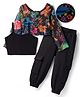 OLLINGTON ST. Cotton Knit Full Sleeves Mesh Floral Printed Top & Waffle Joggers Set With Inner Rib Tee -Black