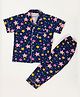 BABY CLOSET Organic Cotton Woven Half Sleeves Stars Printed Unisex Coordinating Night Suit Set - Navy Blue
