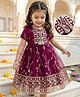 Babyhug Mesh Woven Half Sleeves Ethnic Dress With Floral Embroidery & Sequin Detailing - Wine