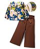 OLLINGTON ST. Rayon Woven Full Sleeves Floral Printed Top & Cotton Twill Flared Pants with Belt - Blue & Brown