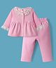 ToffyHouse Cotton Knit Full Sleeves Front Open Top & Leggings Set With Frill & Lace Detailing - Pink