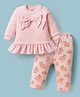 ToffyHouse Knit Full Length Top & Leggings Set With Floral Print & Bow Applique Frill Detailing - Pink