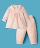 ToffyHouse Linen Woven Full Sleeves Peter Pan Collar Top & Lounge Pant Set With Polka Dot & Lace Detailing - Light Pink
