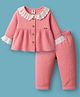 ToffyHouse Cotton Woven Full Sleeves Front Open Top & Leggings Set With Lace Detailing - Pink
