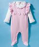 ToffyHouse Cotton Woven Full Sleeves Footed Romper With Floral Applique - Pink & White