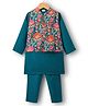 Babyhug Cambric Woven Full Sleeves Kurta Pajama & Jacket Set With Floral Print - Teal Blue