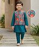 Babyhug Cambric Woven Full Sleeves Kurta Pajama & Jacket Set With Floral Print - Teal Blue