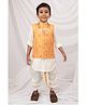 LITTLE COLLARS Silk Woven Full Sleeves Gota Lace Embellished Kurta Dhoti With Nehru Jacket & Necklace Set - Yellow