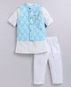 LITTLE COLLARS Silk Woven Full Sleeves Solid Kurta Pyjama With Floral Motif Printed Nehru Jacket Set - Mint