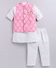LITTLE COLLARS Silk Woven Full Sleeves Solid Kurta Pyjama With Floral Motif Printed Nehru Jacket Set - Pink