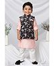 LITTLE COLLARS Silk Woven Full Sleeves Solid Kurta Pyjama With Floral Printed Nehru Jacket Set - Black