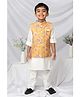 LITTLE COLLARS Silk Woven Full Sleeves Solid Kurta Pyjama With Floral Printed Nehru Jacket Set - Lemon