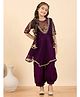 StyloBug Woven Three Fourth Sleeves Floral Printed & Lace Embellished Kurti With Harem Pant Set - Purple