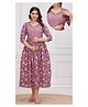 Step Queen Cotton Woven Three Fourth Sleeves Floral Printed Maternity Dress With Side Zipper Nursing Access - Wine