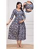 Step Queen Cotton Woven Three Fourth Sleeves Floral Printed Maternity Dress With Side Zipper Nursing Access - Blue
