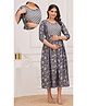 Step Queen Cotton Woven Three Fourth Sleeves Floral Printed Maternity Dress With Side Zipper Nursing Access -Blue