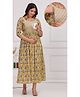 Step Queen Cotton Woven Three Fourth Sleeves Floral Printed Maternity Dress With Side Zipper Nursing Access - Yellow