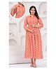 Step Queen Cotton Woven Three Fourth Sleeves Ikat Printed Maternity Dress With Side Zipper Nursing Access - Orange