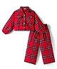 CrayonFlakes Cotton Knit Full Sleeves Checked Shirt Style Crop Top With Coordinating Palazzo Set - Red