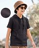Pine Kids Cotton Knit Half Sleeves Front Open Hooded Solid Coloured T-Shirt With Kangaroo Pockets - Black