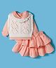 ToffyHouse Cotton Knit Full Sleeves Solid Color Top & Skirt with Shrug - Peach
