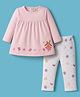 ToffyHouse Interlock Knit Full Sleeves Top & Leggings Set With Floral & Animal Embroidery & Print - Pink