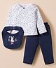 ToffyHouse Interlock Knit Full Sleeves Top & Pant Set with Bib & Bunny & Floral Print - White & Navy Blue