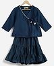 Charkhee Chanderi Woven Three Fourth Sleeves Lace Embellished Angrakha Style Kurti Lehenga Set - Teal Blue