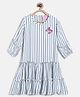 Tales & Stories Cotton Woven Three Fourth Sleeves Striped Butterfly Applique Detailed Sequins Embellished Dress -White