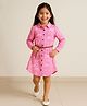 Tales & Stories Cotton Woven Full Sleeves Jungle Theme Printed Shirt Style Dress With Belt Set - Pink