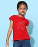 Tales & Stories Cotton Knit Half Sleeves Floral Embroidered Tee - Red