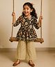 Tales & Stories Viscose Woven Three Fourth Sleeves Floral Printed & Lace Embellished Peplum Top & Palazzo Set - Grey