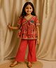 Tales & Stories Viscose Woven Half Sleeves Abstract Printed & Lace Embellished Top & Pant Set - Pink