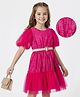 Hola Bonita Knit Half Sleeves Glitter Mesh Party Dress With Sequin Detailing & Belt - Fuchsia