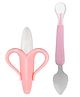 Tinny Tots Baby Soft Bristle Banana Training Teether With Ultrasoft Food Grade Silicone Spoon For Babies BPA Free (PINK)