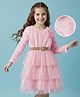 Hola Bonita Knit Three Fourth Sleeves Lace Party Dress With Floral Applique & Belt - Baby Pink