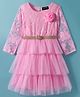 Hola Bonita Knit Three Fourth Sleeves Lace Party Dress With Floral Applique & Belt - Pink