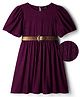 Hola Bonita Knit Half Sleeves Glitter Textured Party Dress With Belt - Wine