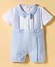 ToffyHouse Cotton Woven Half Sleeves Striped Romper With Bow Applique - Light Blue & White