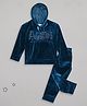 Sheer Love Velvet Knit Full Sleeves Angel Text Embellished Hooded Tee With Pajama Set - Teal Blue