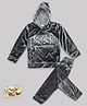 Sheer Love Velvet Knit Full Sleeves Super Text Embellished Hooded Tee With Pajama Set - Grey
